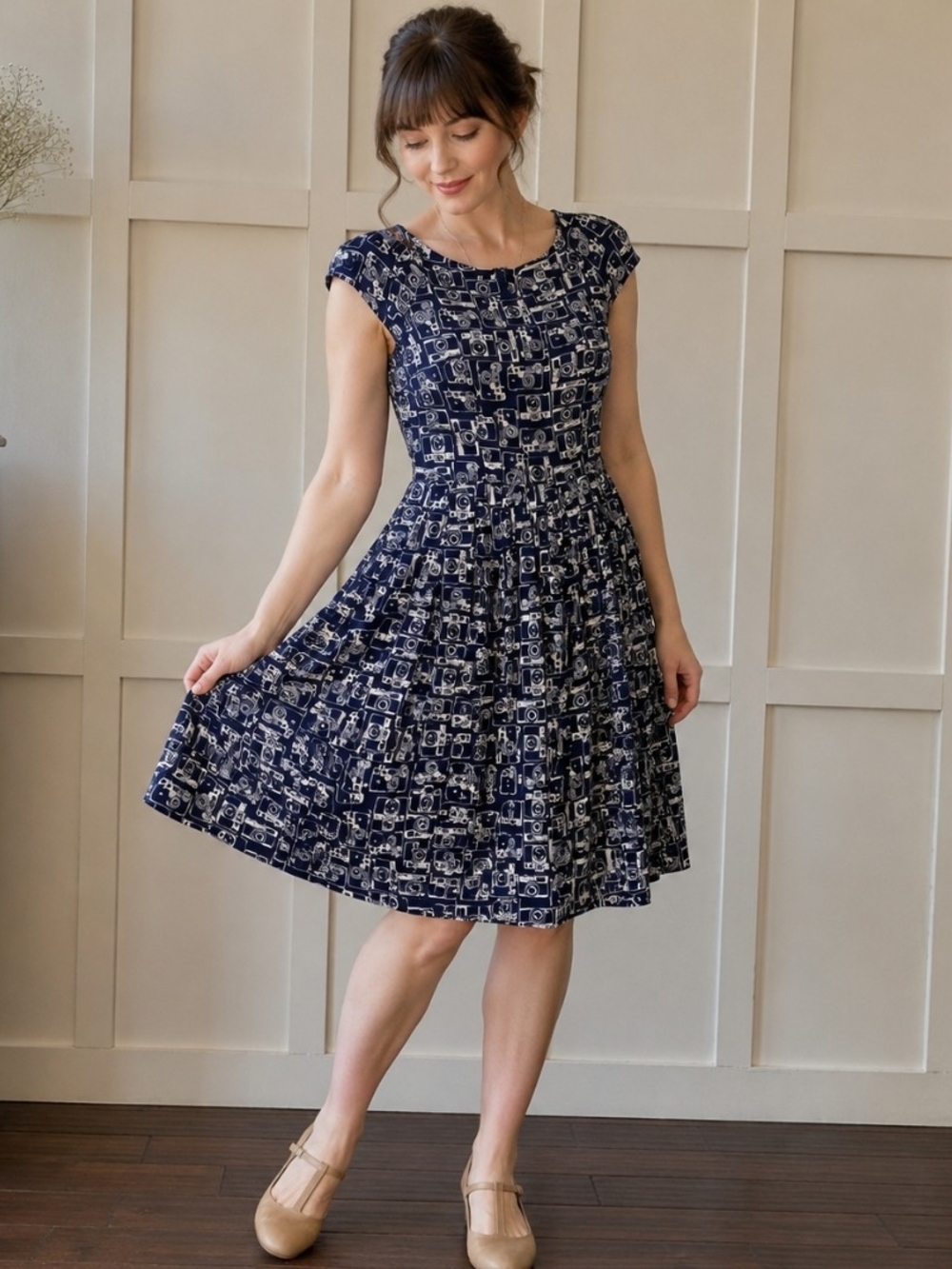 Emily and Fin Camera Print Fit & Flare Dress Blue White Retro Midi Pockets Small